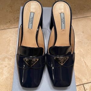 Prada Triangle Plate Patent Leather Mule